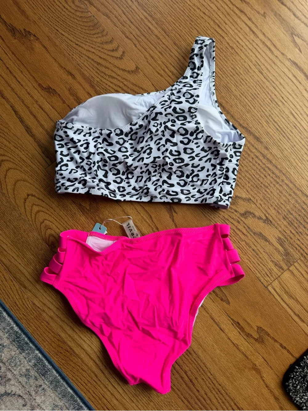 One-Shoulder Leopard Print Bikini Top with Hot Pink High-Waist Bottom